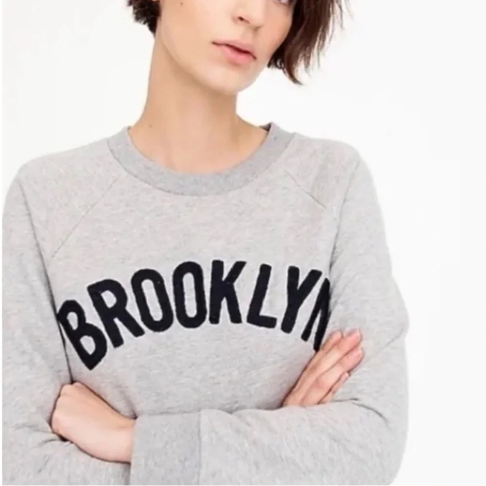 J.Crew cotton terry gray raglan chain stitch embroider Brooklyn Sweatshirt XS